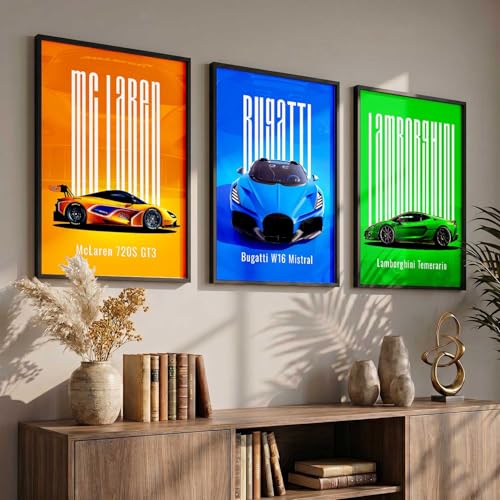 Image of HOTHOUSE Big McLaren GT3, Bugatti W16 Mistral, Lamborghini Temerario Cars Framed Posters Gift Items for Boys Room Wall Decoration Bedroom Living Room Office Studio Decor | Set Of 3 Size (13 X 17 inch)