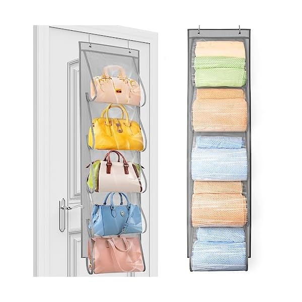 Towel Storage with 5 Pockets, Bathroom Towel Organizer for Rolled Towels Large Capacity Over The Door Towel Rack Bath Towel Holder Space Saving for Large Towels/Bathrobe/Blanket, RV Accessories-Grey