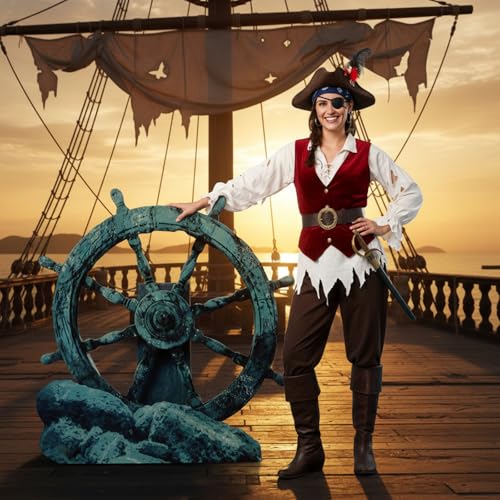 Image of DoubleFill 4 ft Ship Wheel Cardboard Cutout Pirate Nautical Party Decorations Stand up Large Shipwreck Captain Wheel Photo Props for Nautical Pirate Party Home Outdoor Decor