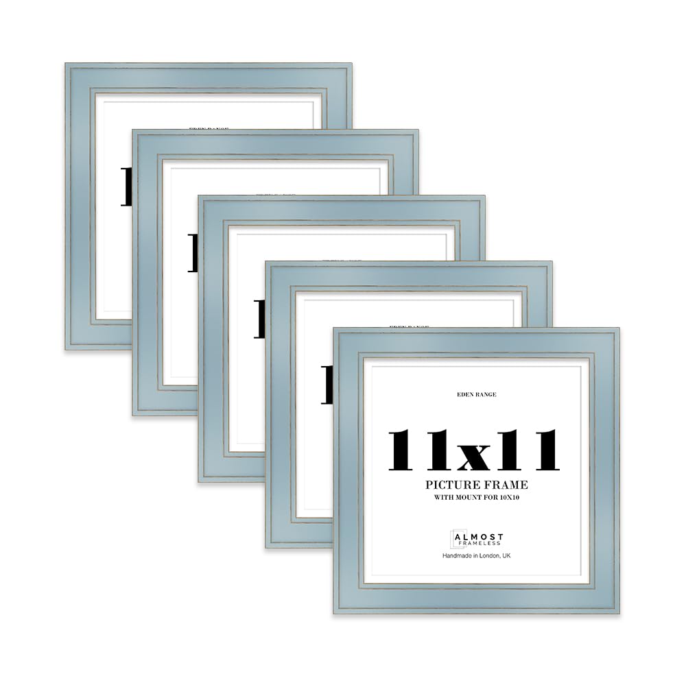 11x11" Cornflower Blue Square Picture Frame with 10x10" Mount - Shabby Chic Photo Frame with Distressed Finish, Gold Trim, Wall Hooks and Kickstand, 37mm Edge - 5 Pack