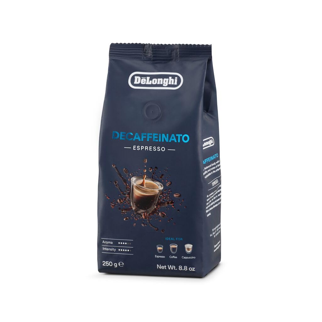 De'Longhi Decaffeinato Espresso Coffee Beans 250g - 50% Arabica & 50% Robusta, Medium Roast, Decaffeinated Using CO2, Sweet & Full-Bodied, Notes of Cocoa, Caramel & Biscuit, 1-Year Warranty DLSC603