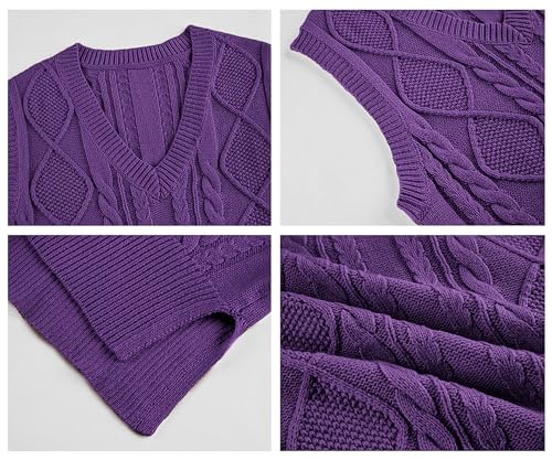 Sweater Vest Women Y2K Plaid Knitted Streetwear Preppy Style V Neck Crop Knitwear Tank Top for Girl Dark Purple M