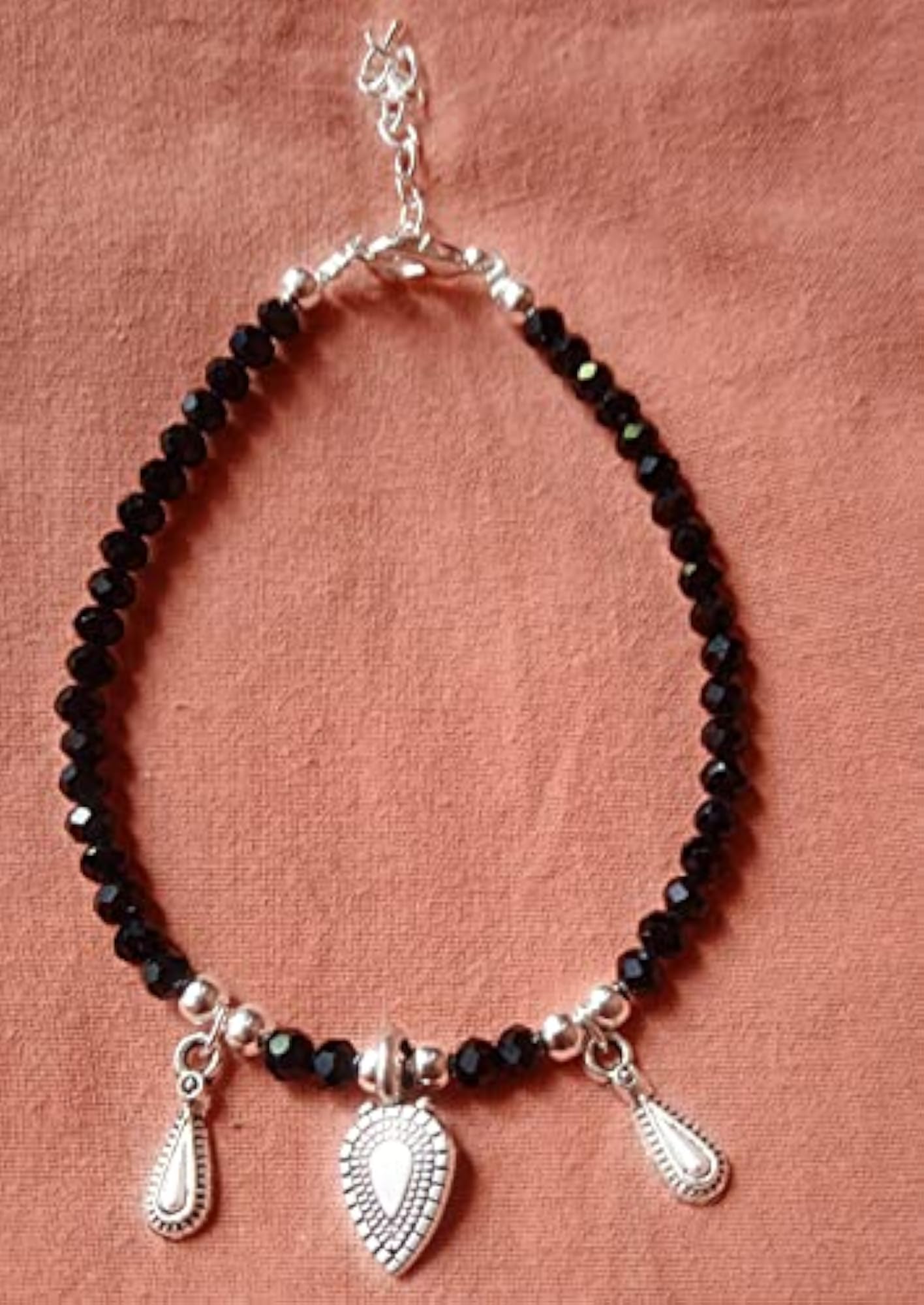 Metal Silver Artificial Hanging Leaf Chain Anklet with Glossy Black Beads