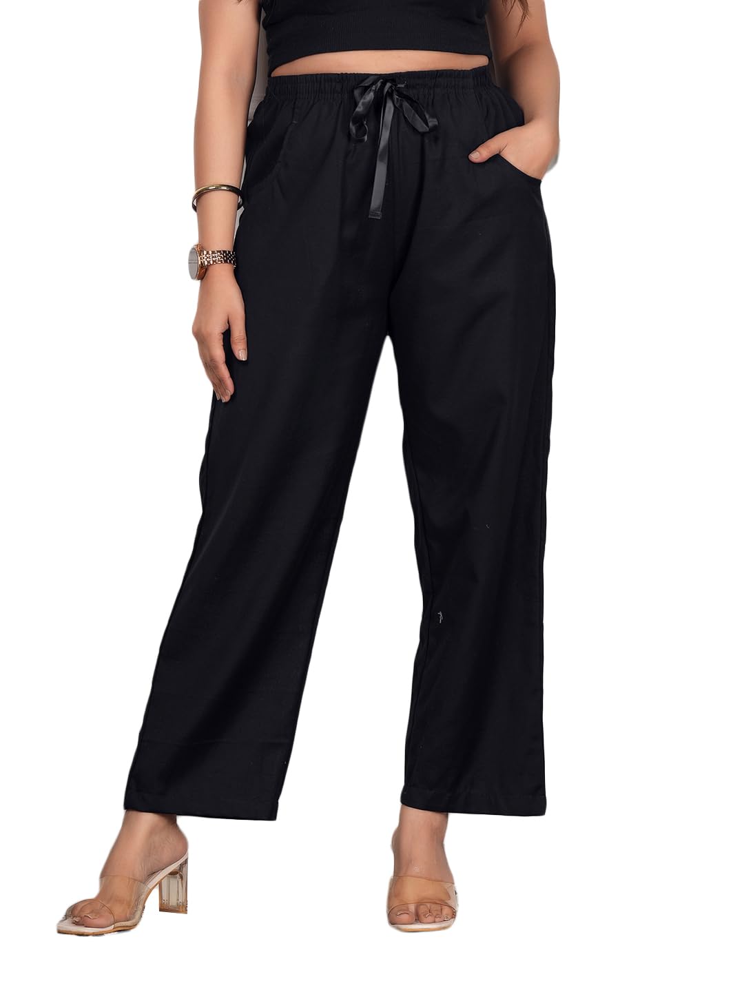 Womens Solid Cotton Linen Pyjama |Loungewear Sleepwear(P-88559BLACK)-image-36