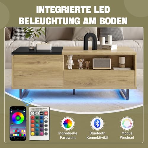 Table basse relevable à LED avec tiroirs et cadre métal nature-c