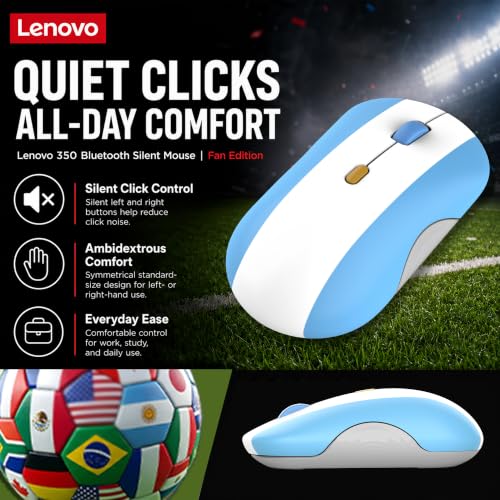 Image of Lenovo 350 Bluetooth Silent Mouse (Fan Edition), Wireless Ergonomic Ambidextrous Design, Bluetooth 5.3, Adjustable DPI up to 2400, 36 Month Battery Life, Recycled Materials, Argentina Flag