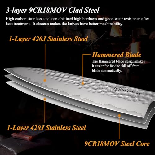 Image of KEEMAKE Kitchen Knife Set 3-pcs - Chef Knife Set with 3-layer Japanese 9CR18MOV Clad Steel Blade, Sharp Knives Set for Kitchen with Octagon Rosewood Handle Kitchen Knives