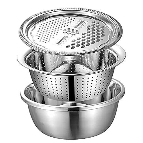 Akiba store Stainless Steel Mirror Finish 3-in-1 Multipurpose Drain Basket- Grater- Basin Bowl; Vegetable Slicer For Kitchen Cutting|for Fruits And Other Items|Outer Diameter- 26 Cm,Silver
