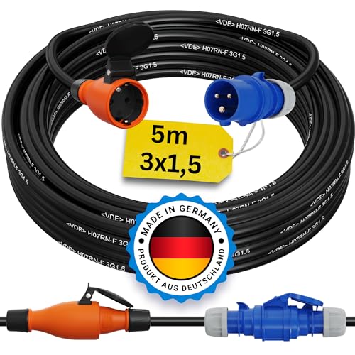 CEE auf Schuko Adapter 5m Camping Stromkabel PCE H07RN-F 3x1,5 Landstromkabel Wohnmobil Wohnwagen Kabel Camping Adapter 5 Meter Strom Verlängerungskabel CEE-Stecker Campingstecker