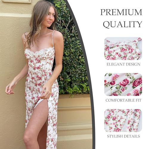 Image of Women Floral Maxi Dress Summer Spaghetti Strap Bodycon Split Slit Lace Trim Side Backless Elegant Long Dresses