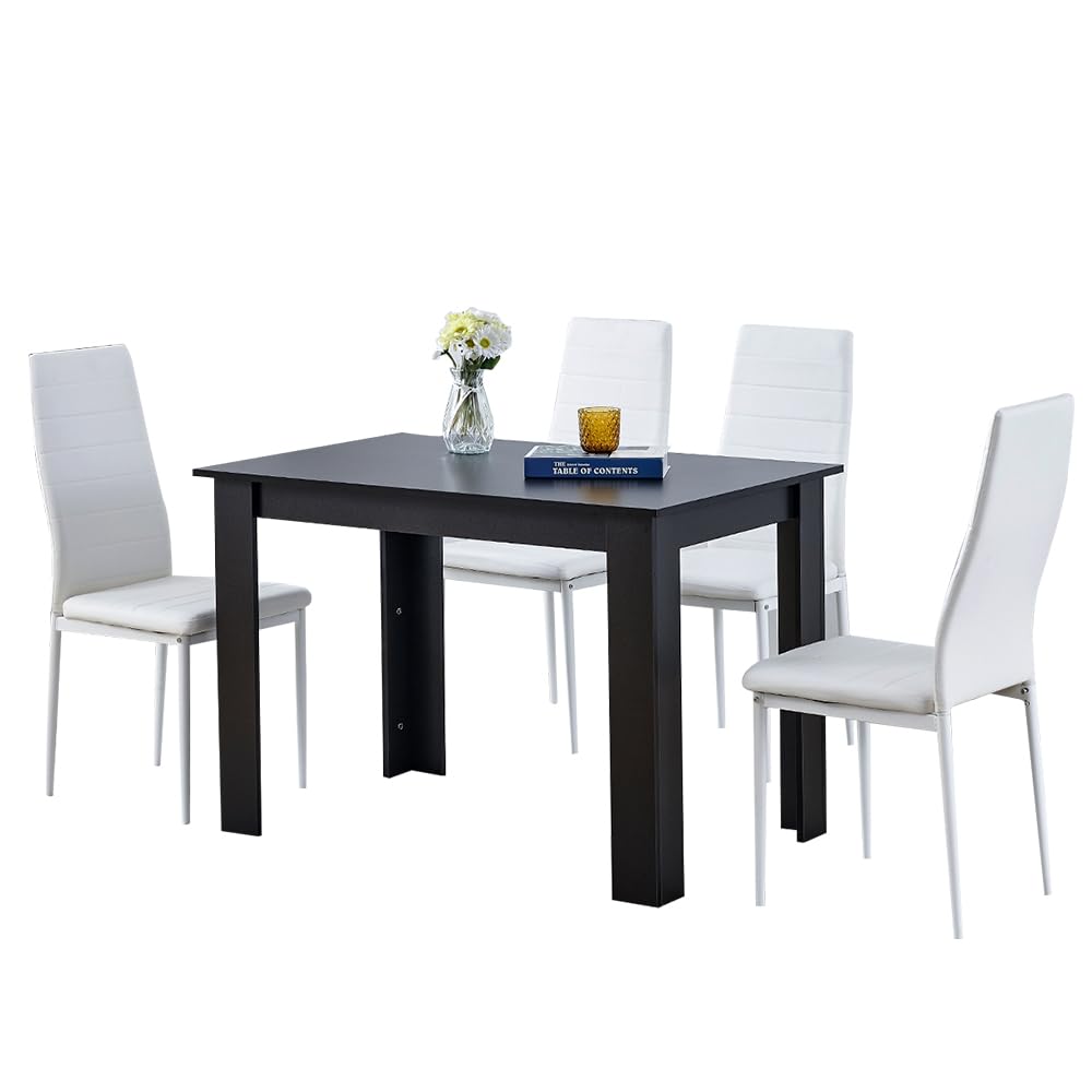 Homullel 5 Piece Dining Room Table and Chairs Set for Dining Room Kitchen, Modern Wooden Dining Table with Chairs for Family Dinner Set (With 4Pcs White Leather Chairs, 110cm Black Table)