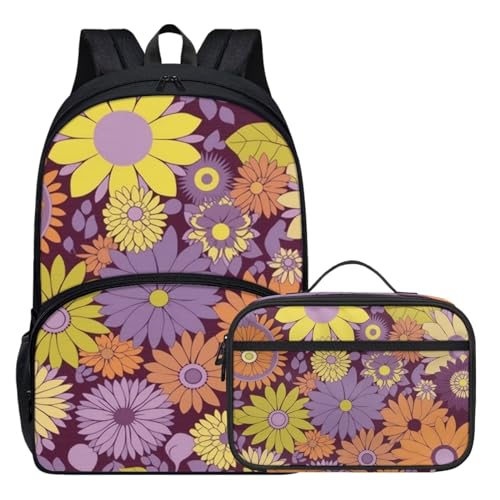 Modysero Personalized Boys Girls Backpack Set 2 Piece Purple Yellow Daisy Kids Bookbag with Lunch Box Cute Fashion School Daypack Set for Students