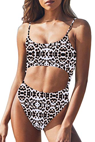 Meyeeka Womens Scoop Neck Cut Out Front Lace Up Back High Cut Monokini One Piece Swimsuit (L, Leopard 2)