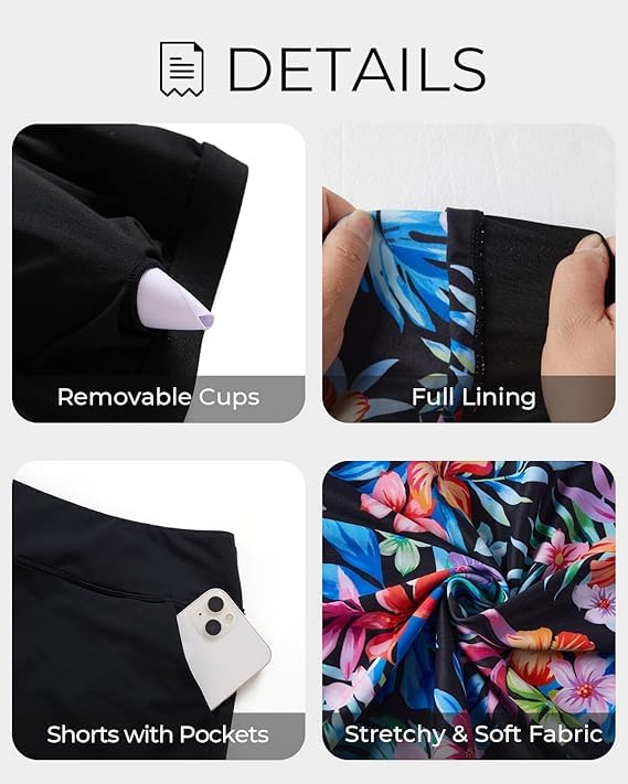 Image of Tankini Swimsuits with Shorts - Two Piece Tummy Control Bathing Suits High Neck Swimwear with Two Side Pockets