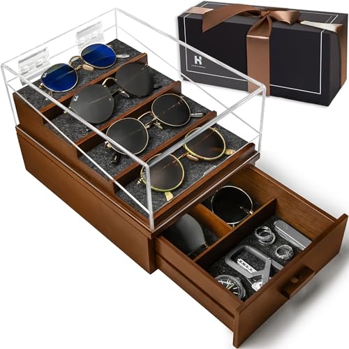 Holme & Hadfield Premium 6-Slot Sunglasses Organizer – Beautiful 360° Views – Handcrafted Wooden Sunglasses Display Case for Multiple Glasses – Luxurious Father’s Day Gift