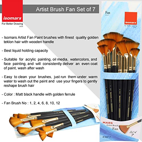 Image of Isomars Fan Paint Brush Set - Set of 7 Artist Brushes with Wooden Handles for Acrylic, Watercolor, Oil & Blending - Ideal for Textures, Shading & Special Effects