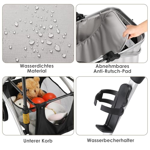 MAMIZO Hundebuggy 3 in1 Hundewagen Hundebox Transporttasche,Faltbar klappbar Katzenwagen,Bis 20kg,4 PCS 360° Verschleißfeste Gummiräder, Ablagekorb, Getränkehalter,für kleine Hunde Katz, Silber grau