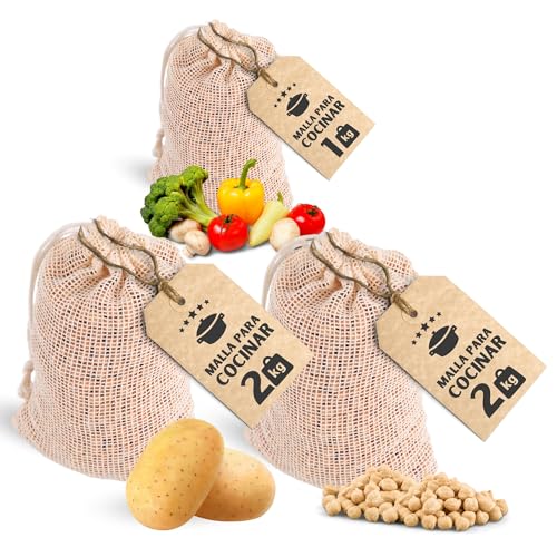 Pack de Mallas de Cocción [3 unidades] para Cocinar Alimentos, 100% Algodón - Red para Cocer Garbanzos, Cordón Ajustable - Resistentes al Calor y Reutilizables, Lavado Fácil