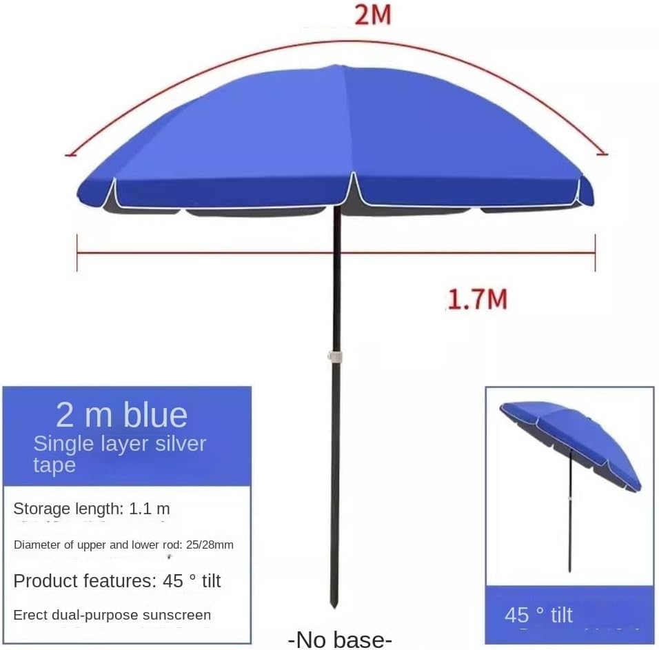 Outdoor Parasol Outdoor Silver Rubber Oxford Fabric Patio Umbrella, 45° Adjustable Umbrella Pole Design Outdoor Umbrella, Beach Umbrella with Base Umbrellas Patio Garden(Blue-2.0M)