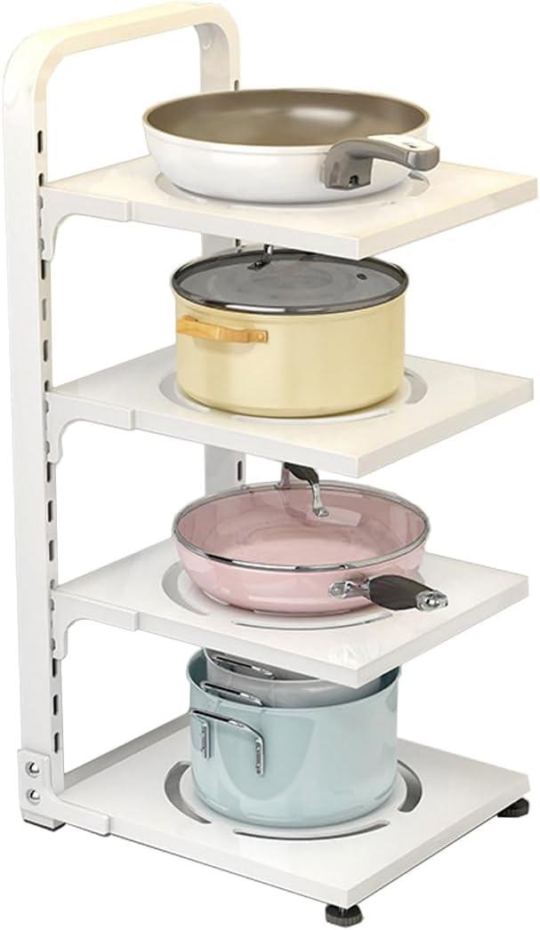 Pot and Pan Organizer Rack for under Cabinet,Pot Storage Rack Pan Holder under Sink,Kitchen Metal Heavy Duty Cabinet Organizer with Adjustable Shelves (White rack, 4 layer)
