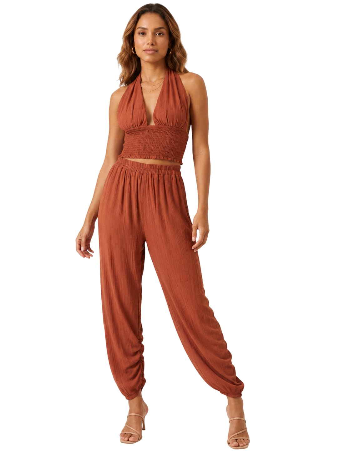 Women Linen Blend Halter Crop Top & Harem Pants Co-Ord Set-image-16