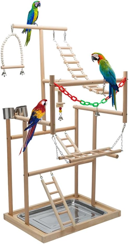 Yeeoy 4 Layers Pet Parrot Playstand Large Bird Playground Wood Bird Perch Gym Playpen Bird Play Stand with Feeder Cups Ladder Swing Bell for Cockatiel Lovebirds Exercise Activity Center