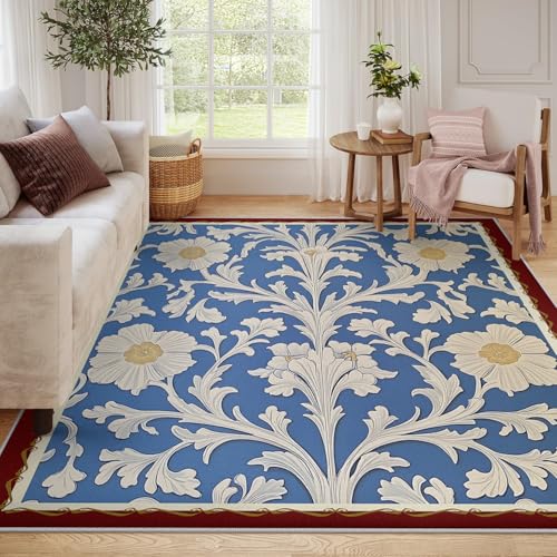 Tapis de chambre bleu blanc fleuri pour un intérieur cosy