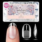 AZUREBEAUTY Short Oval Round Nail Tips, 600pcs Pre Etched Soft Gel Nail Tips 15Sizes Acrylic Fake Nails Half Matte Full Cover Clear Press On False Nail Extensions for DIY Manicure at Home