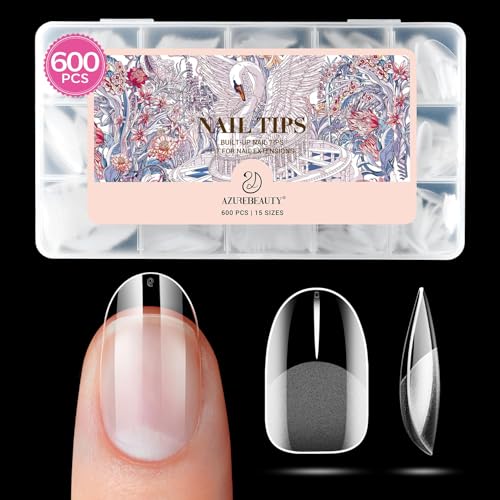 AZUREBEAUTY Short Oval Round Nail Tips 600pcs Pre Etched Soft Gel Nail Tips 15Sizes Acrylic Fake Nails Half Matte Full Cover Clear Press On False Nail Extensions for DIY Manicure at Home