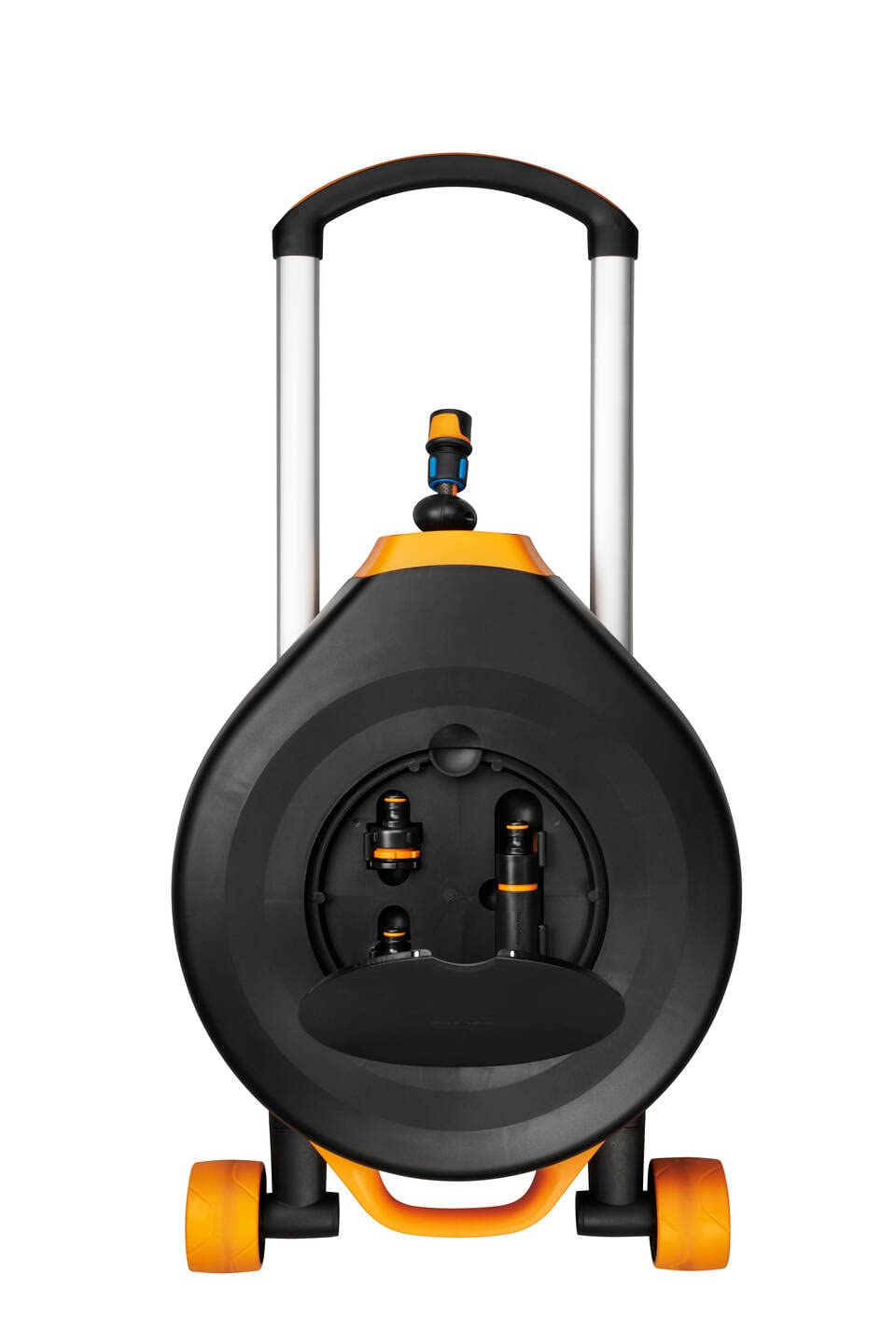 Fiskars Carro portamangueras XL con ruedas, Set de riego todo incluido, Alcance 27m, Enrollado automático, Manguera tamaño universal (diám. 13 mm), Conector grifo universal, Negro/Naranja, 1025933 | 1025933 - Manguera de bobinado automático, conexión univ