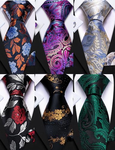 Image of Barry.Wang 6 PCS Men Ties Set Silk Business Fashion Woven Necktie Handkerchief Cufflinks Paisley Stripe Wedding Party