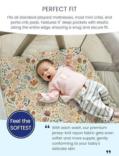 Image of TotAha Premium Soft Pack n Play Sheets, Super Stretchy Jersey Knit Mini Crib Sheets Fitted, Silky Comfort Pack and Play Sheets Fitted, 2 Pack (Botanical Garden & Cute Bear)