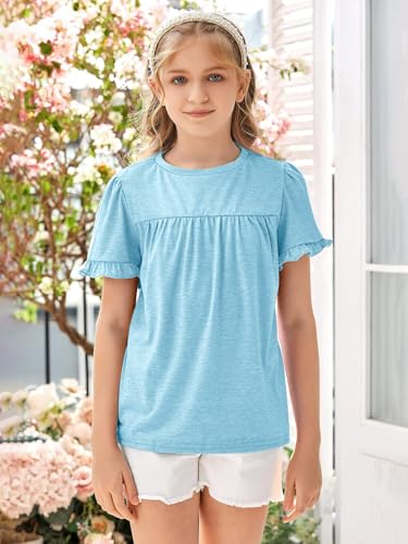 Image of Ebifin Girls Short Sleeve Tops Kids Peplum Babydoll T Shirts Tees 4-15Y | Girls T-Shirts, Crew neck Short Sleeve Shirts, Casual Tunic Tops, Cute Blouses, Summer Tees, Ruffle Hem, Loose fit