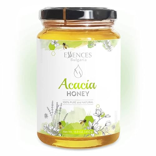 Essences Bulgaria Miel de acacia cruda 15.9 oz | 15.87 oz | Sabor increíble | 100% pura y natural | Sin aditivos | Miel de abeja cruda | Edulcorante