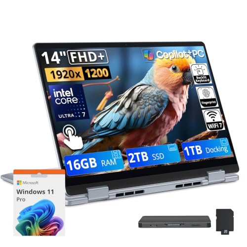 Image of Dell Plus 14 inch 2-in-1 FHD+ Touchscreen Laptop, Intel Ultra 7 256V, 16GB RAM, 3TB Storage (2TB SSD+1TB Docking Station Set), Copilot, Backlit Keyboard, Fingerprint, 1080p Camera, Win 11 Pro, Ice Blue