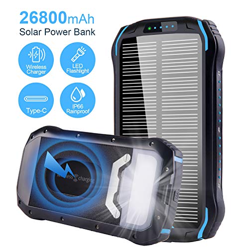 Solar Charger 26800mAh Qi Wireless Portable Solar Power Bank External Backup Battery with 4 Outputs & Dual Inputs Type-C Huge Capacity Phone Charger for Smartphones, 18LED Flashlights for Outdoor