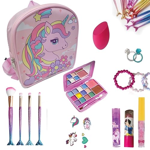 Maquiagem Infantil Kit com Mochila Rosa Unicornio, Paleta de Sombras, Batom, Gloss, Pincéis de Maqui