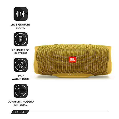 Image of JBL Charge 4, Wireless Portable Bluetooth Speaker, Signature Sound with Powerful Bass Radiator, 7500mAh Built-in Powerbank, Connect+, IPX7 Waterproof, AUX & Type C (Without Mic, Yellow)