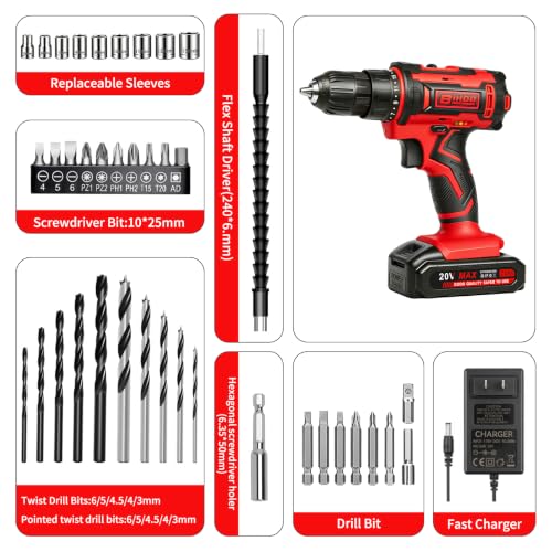 Image of Cordless Drill Set,20V Drill Driver with Battery and Charger,3 /8-Inch Keyless Chuck, Variable Speed,with Drills Bits Set,Red