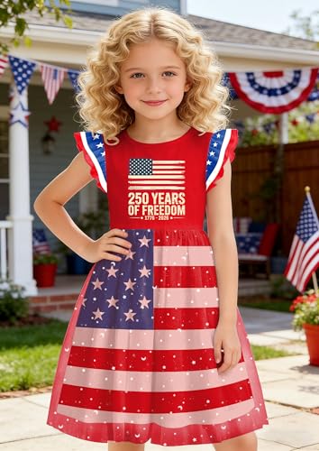 Image of Girls 4th of July Dress American Patriotic Outfit USA Independence Day Clothes Flutter Sleeve Tulle Tutu Dress 5-14y