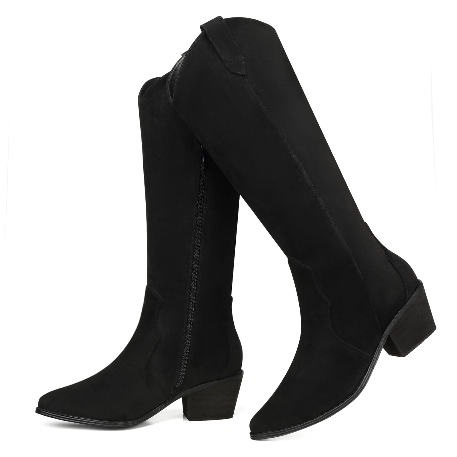 SHIBEVER Cowgirl Boots Knee High: Womens Western Cowboy Boots Wide Calf Black Low Heeled Put on Suede Tall Booties Size 10.5