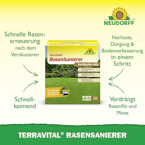 Neudorff TerraVital RasenSanierer – Vertikutier-Mix für 150 m² zur Neuanlage und Ausbesserung lückenhafter Rasenflächen nach dem Vertikutieren, schnellkeimend, 4,5 kg