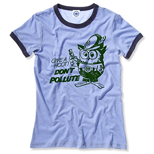 Hank Player U.S.A. Official Woodsy Owl Women's Ringer T-Shirt (M, Heather Blue)