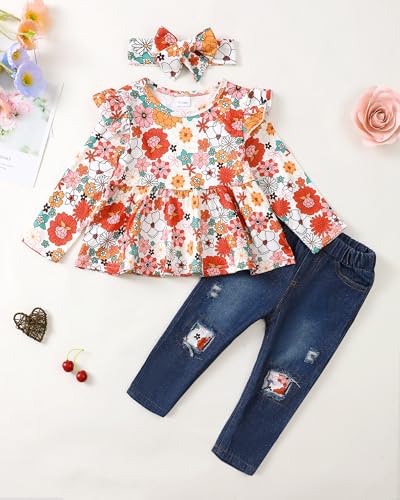 Image of Baby Girl Clothes Toddler Girls Winter Outfits Infant Clothing Ruffle Top Denim Pants Jeans Cute Fall Outfit Set