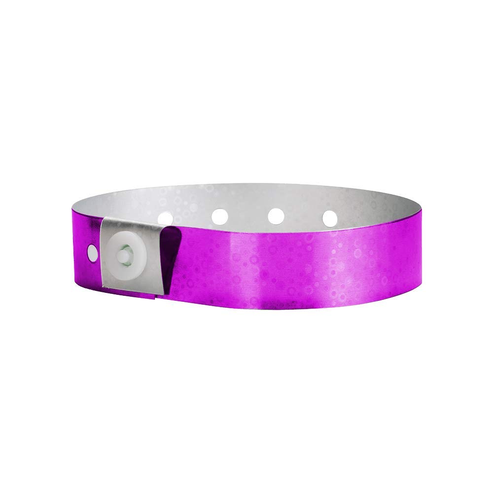100 WristCo Purple Holographic Plastic Wristbands for Events – Extended Wear, Glowing Color Prevents Reuse – Premium-Grade Bracelets for Hospital & Medical ID, Party & VIP Identification