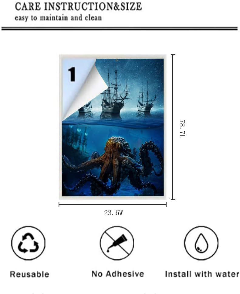 Underwater Monster Theme Octopus Window Privacy Film,Vintage Nautical Norse Vikings Pirate Ship Stained Glass Window Film Decor Window Cling for Home Window Sun Blocking-23.6W x78.7L in x1Pcs
