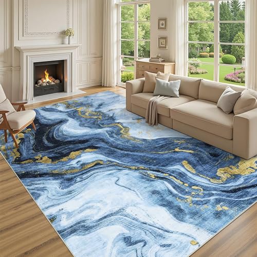 GarveeHome Large 8x10 Washable Rugs for Living Room Abstract Rug Swirl Marble Patterned Carpet, Low-Pile Non Slip Easy Cleaning Rug Neutral Modern Car