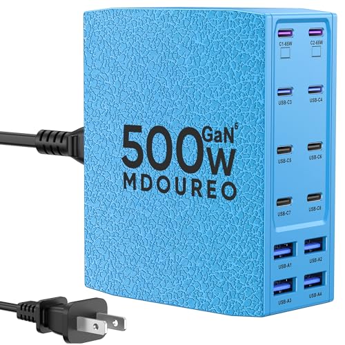 Image of 500W USB C Charger Block, 12-Port USB C Charging Station for Multiple Devices, Leather Texture Dual PD 65W Laptop Fast Charger Compatible with MacBook Pro /Air, iPad, iPhone,Galaxy and More,Blue