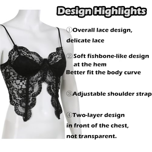 Women Sexy Full Lace Butterfly Crop Top See-through Slim Fit Spaghetti Straps Hot Y2K Camisole Rave Outfits Black4