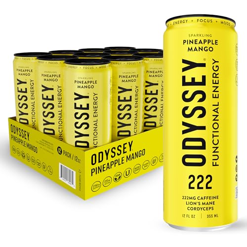 Odyssey Functional Energy Drink for Focus, Cognition & Mood Support 12 Pack - Adaptopgenic Drink with 222mg Green Tea Caffeine, Lionโs Mane, Cordyceps, L-Theanine & Ginseng - Sparkling Blue Raspberry